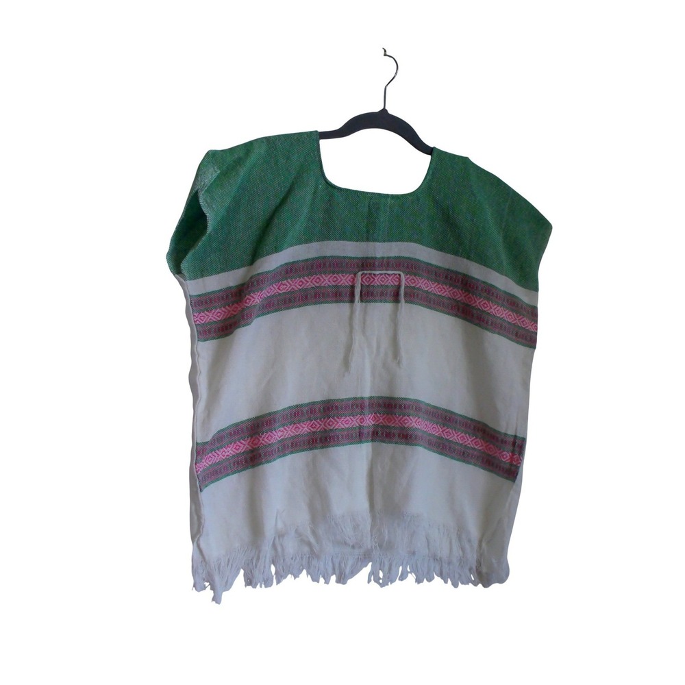Vintage Mexican Huipil Poncho Top Woven Green White Pink Fringe Boho Artisan